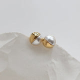 Elegant Pearl Half Round Stud Earrings 18K Plated Stainless Steel
