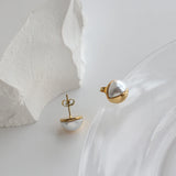 Elegant Pearl Half Round Stud Earrings 18K Plated Stainless Steel