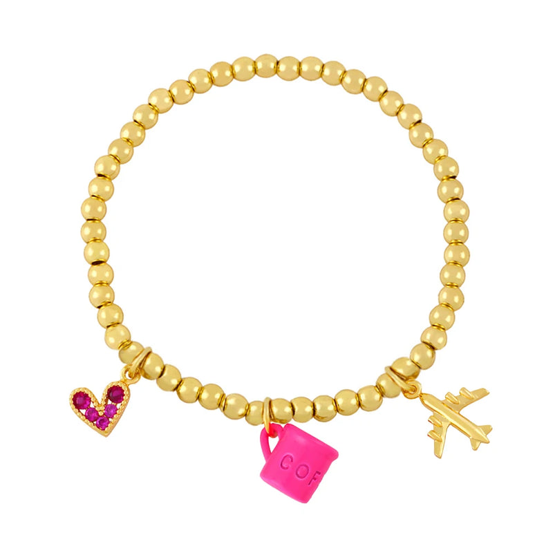 Pink Coffee Mug Bracelet Copper Crystal Heart Charm Friendship Jewelry