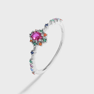 Rainbow Series Ruby Emerald Oval Diamonds Couple Ring Sterling Silver
