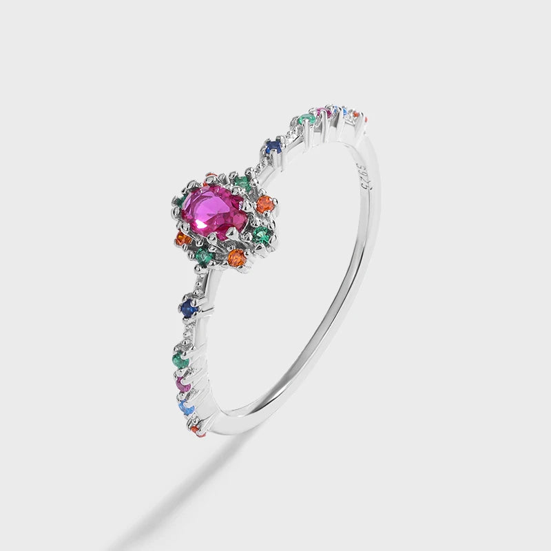 Rainbow Series Ruby Emerald Oval Diamonds Couple Ring Sterling Silver