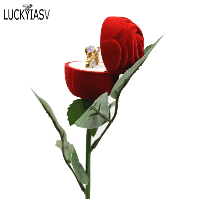 Red Rose Velvet Ring Box Wedding Surprise Engagement Marriage Jewelry Display