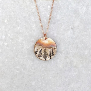 Retro Round Winter Sunset Pine Necklace