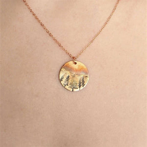 Retro Round Winter Sunset Pine Necklace