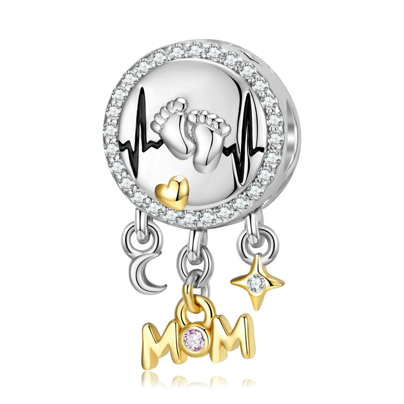 S925 Sterling Silver Heartbeat Footprint Beads Mother's Personality Necklace