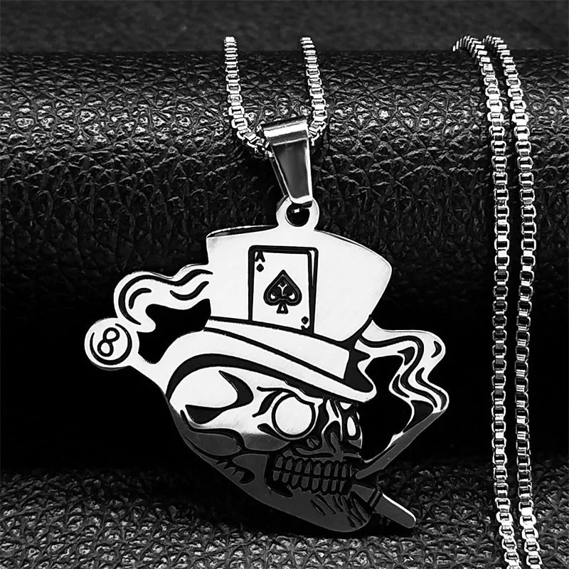 Skull Head Poker Necklace for Men Stainless Steel Pendant Necklaces