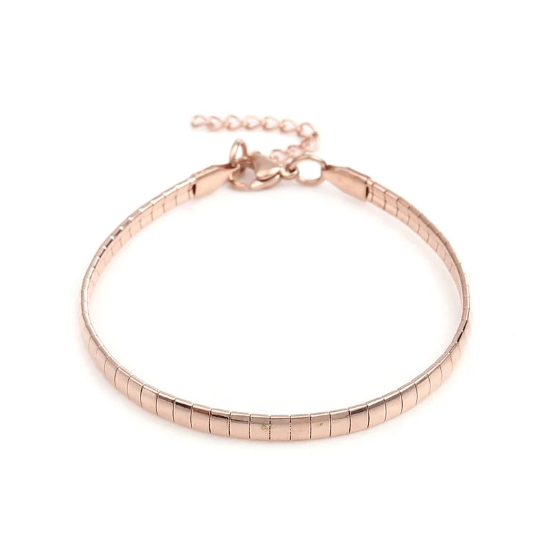 Stainless Steel Snake Chain Bracelet Rose Silver Rectangle Charms Gifts