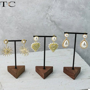 Walnut Metal Earring Rack Jewelry Display Storage T Shape