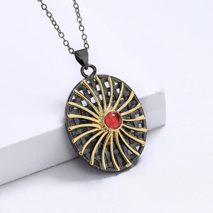 Sun Flower Pendant Red Gemstone Necklace Women Wedding Bridal Jewelry