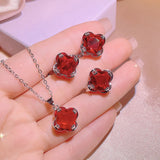 Ruby Flower Clover Pendant Set for Women