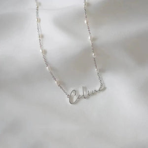 Stainless Steel Name Pendant Necklace with Natural Pearl Chain