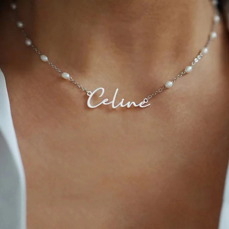Stainless Steel Name Pendant Necklace with Natural Pearl Chain