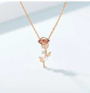 Unique Rose Pendant Flower Pearl Necklace 925 Silver Jewelry
