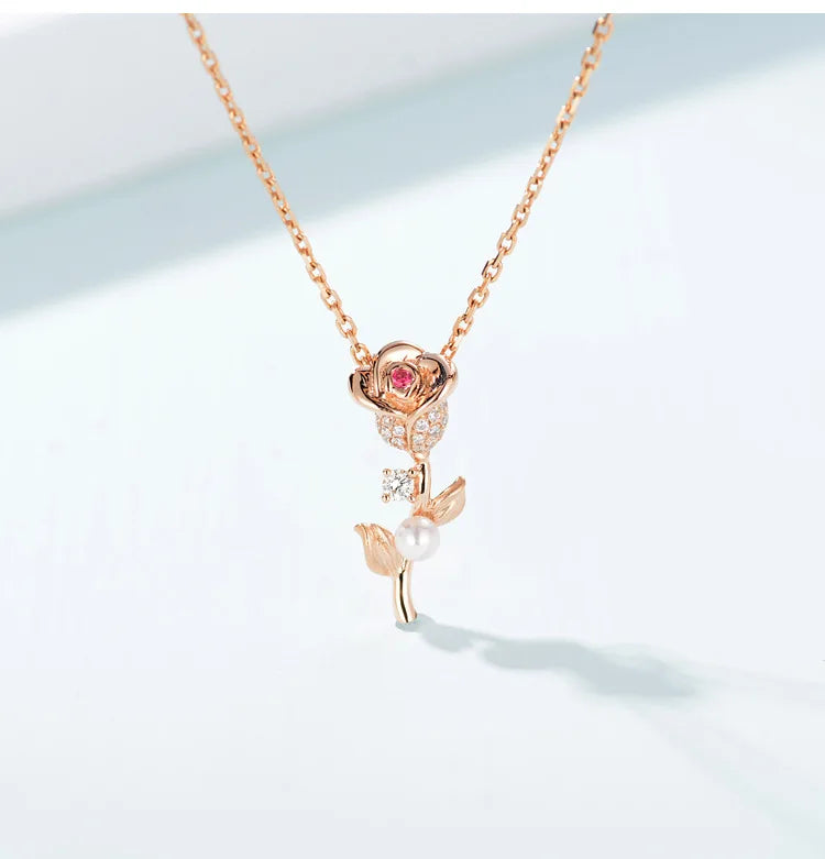 Unique Rose Pendant Flower Pearl Necklace 925 Silver Jewelry