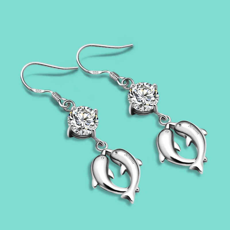 Women's 925 Silver Dolphin Zircon Earrings Fine Jewelry