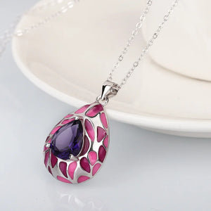 Sun Flower Pendant Purple Stone Silver Sweater Chain Necklace