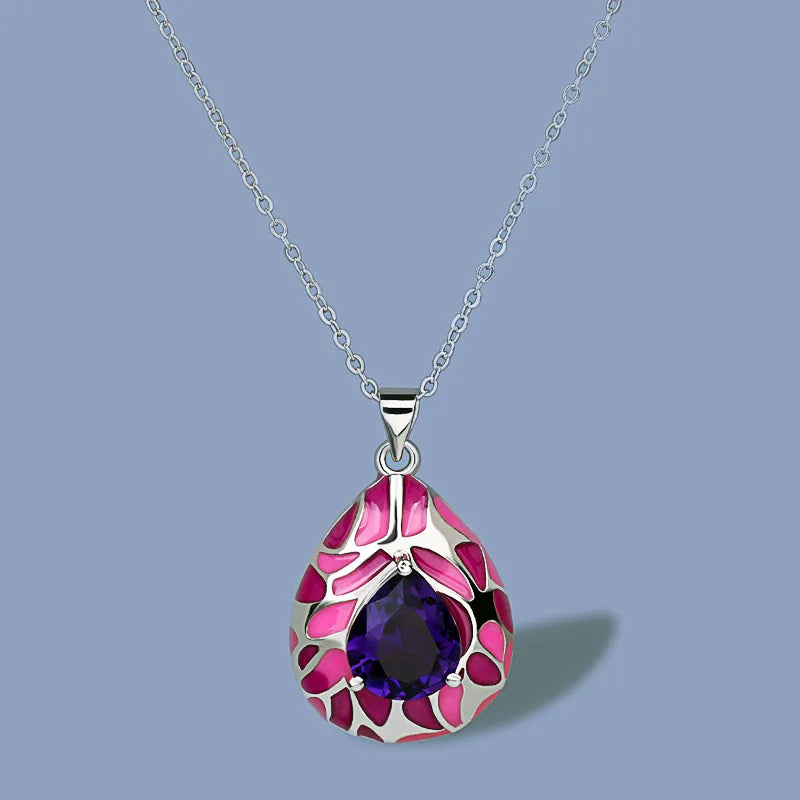 Sun Flower Pendant Purple Stone Silver Sweater Chain Necklace