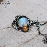 Colorful Moonlight Stone Rose Pendant Tree Leaf Necklace