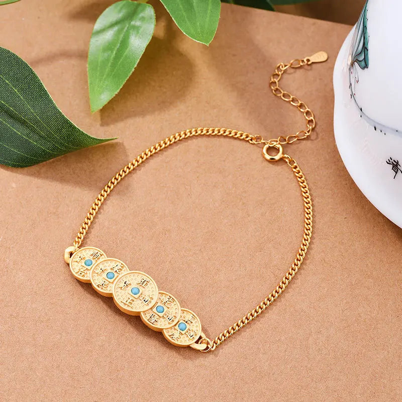 Ancient Craft Copper Coin Turquoise Bracelet Women Bangles Charm Jewelry