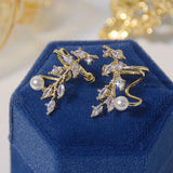 Leaf Copper Zircon Ear Clips Women's Earrings 14K Plating