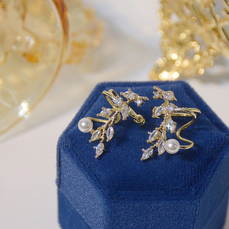 Leaf Copper Zircon Ear Clips 14K Plated Earrings