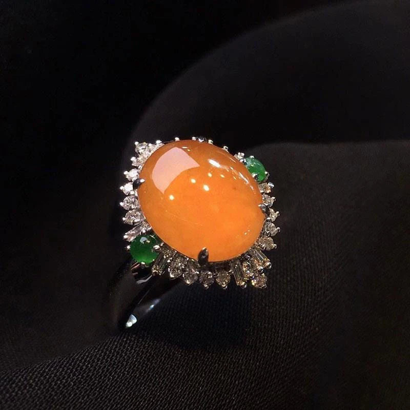 Silver Inlaid Crystal Orange Yellow Chalcedony Egg Ring