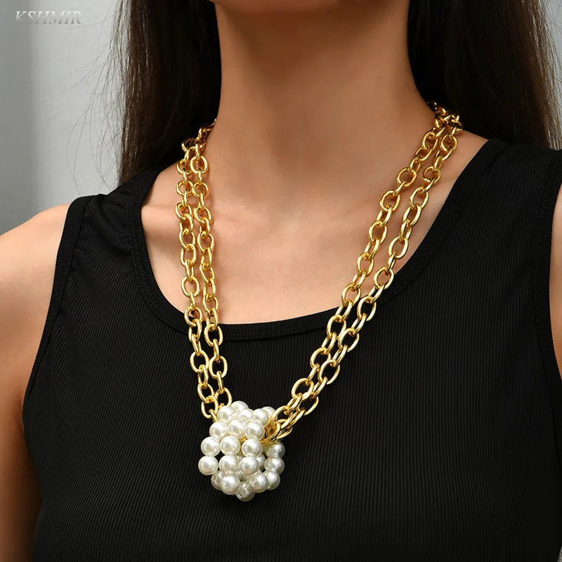 Exaggerated Multi-layer Pearl Necklace Female INS Metal Chain Pendant
