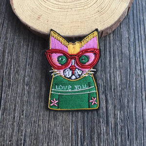 Hand Embroidery Glasses Silk Brooch Cat
