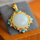 Hetian Jade Geometric Flower Pendant Necklace Silver Jewelry