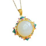 Hetian Jade Geometric Flower Pendant Necklace Silver Jewelry