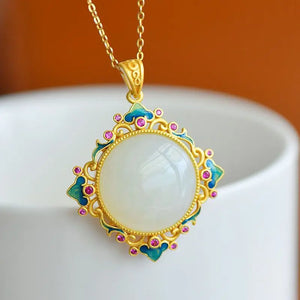 Natural Hetian Jade Flower Pendant Necklace Silver Jewelry