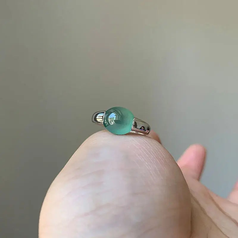 Silver Inlaid Ice Chalcedony Round Bead Glossy Ring for Women