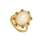 Hetian Jade Flower Ring with Diamonds, Retro Style Palace Jewelry