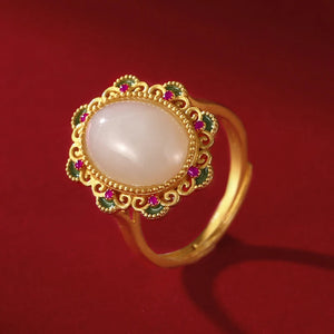 Hetian Jade Flower Ring with Diamonds, Retro Style Palace Jewelry