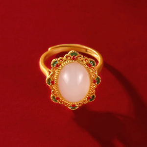 Hetian Jade Flower Ring with Diamonds, Retro Style Palace Jewelry
