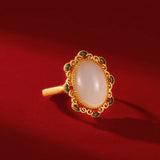 Hetian Jade Flower Ring with Diamonds, Retro Style Palace Jewelry