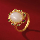 Hetian Jade Flower Ring with Diamonds, Retro Style Palace Jewelry