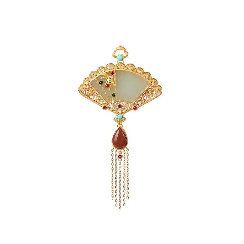 Gilt Hetian Sapphire Chinese Fan Tassel Necklace Pendant