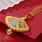 Gilt Hetian Sapphire Chinese Fan Tassel Necklace Pendant