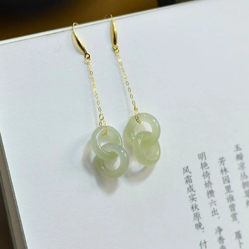 Silver inlaid Hetian jade chain long Interlocking earrings