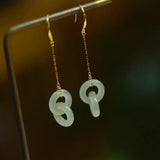 Silver inlaid Hetian jade chain long Interlocking earrings