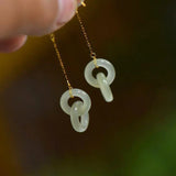 Silver inlaid Hetian jade chain long Interlocking earrings