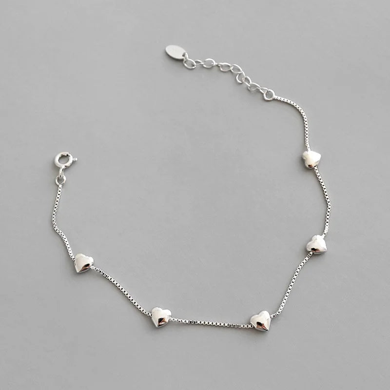 925 Silver Heart Box Chain Bracelet For Women Fine Jewelry Gift