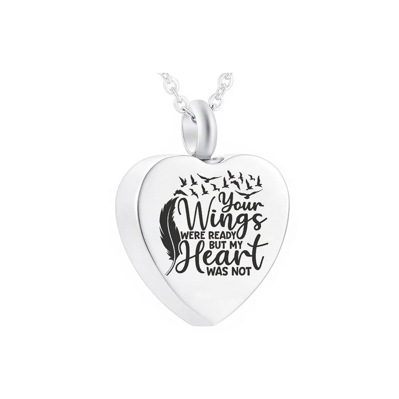 Cremation Heart Pendant Necklace with Feather and Dayan Style, Gift Velvet Bag