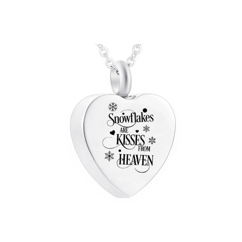 Cremation Jewelry Heart Pendant Engraved -Snowflakes KISSES HEAVEN-Urn Necklace