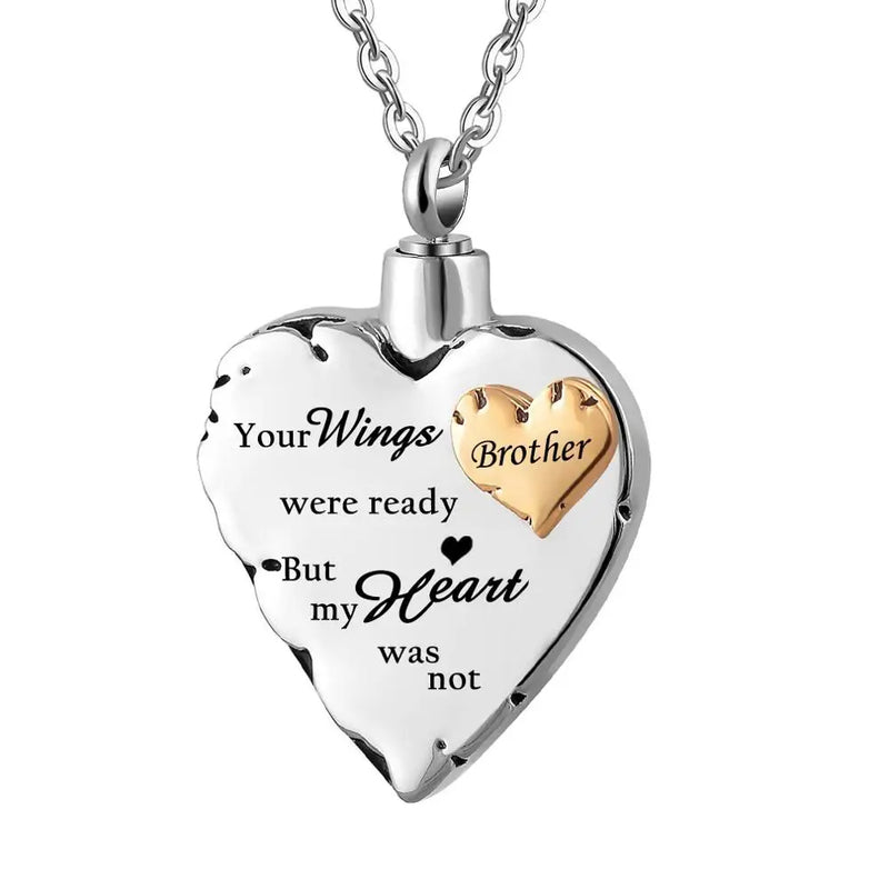 Brother Wings Ready Heart Urn Necklace Cremation Jewelry