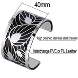 Cremo Wide Leaf Cuff Bracelet PVC Belt Lady PU Belt Stainless Steel Bracelet