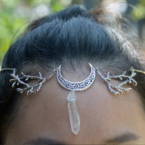 Crescent Moon Quartz Hair Jewelry Gothic Wicca Head Chain