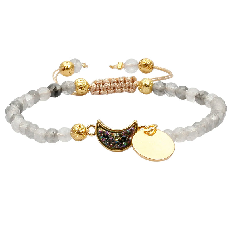 Crescent Moon Shape Charms Bracelet 4mm Stone Beads Healing Crystal Druzy
