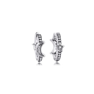 925 Silver Crescent Moon & Stars Beaded Hoop Earrings